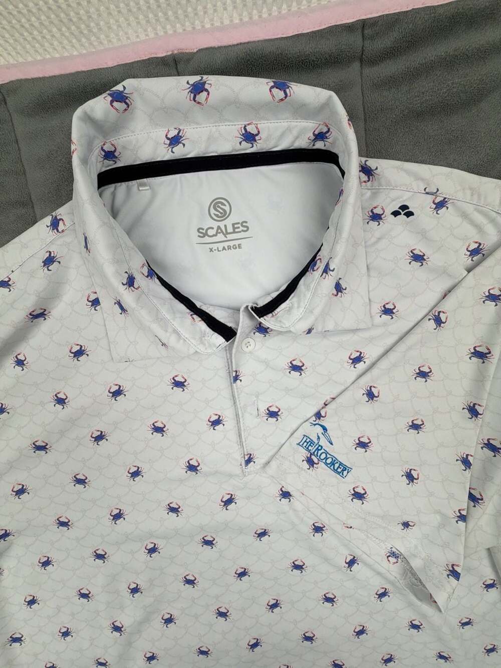 Scales Gear Men's Performance Golf Polo with Crab Print and The Rookery Logo Siz